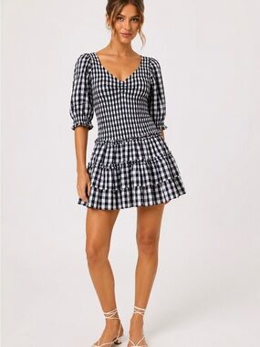 Caroline Constas Navy & White Gingham V-Neck Tiered Mini